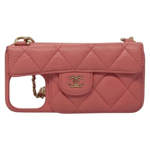 CHANEL Matelasse Chain iPhone Case Lamb Skin Pink CC Auth PP819 - Picture 2 of 15
